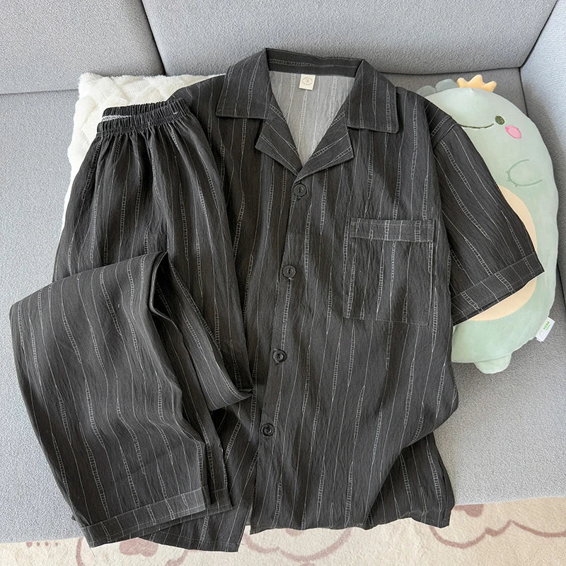 Men's Short-Sleeve Pyjama Shirt & Trouser Set. Short-sleeve button-front shirt.