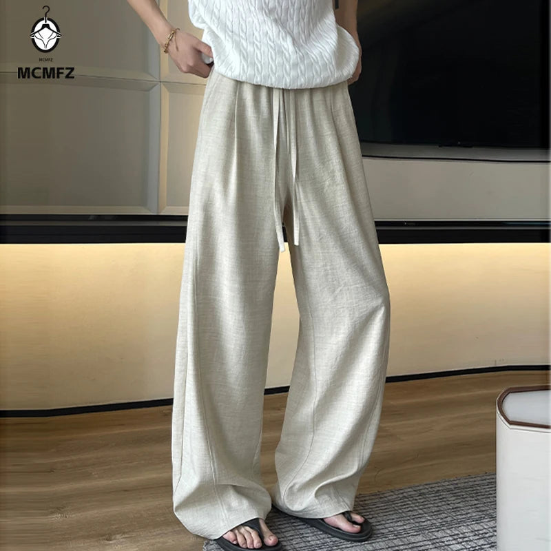 Men's Linen-Look Textured Wide-Leg Trousers. Polyester fabric with a linen-look texture.