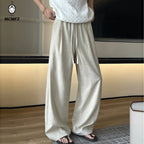 Men's Linen-Look Textured Wide-Leg Trousers. Polyester fabric with a linen-look texture.