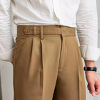 Men's Cropped High-Waist Pleated Trousers. Cotton and polyester blend.