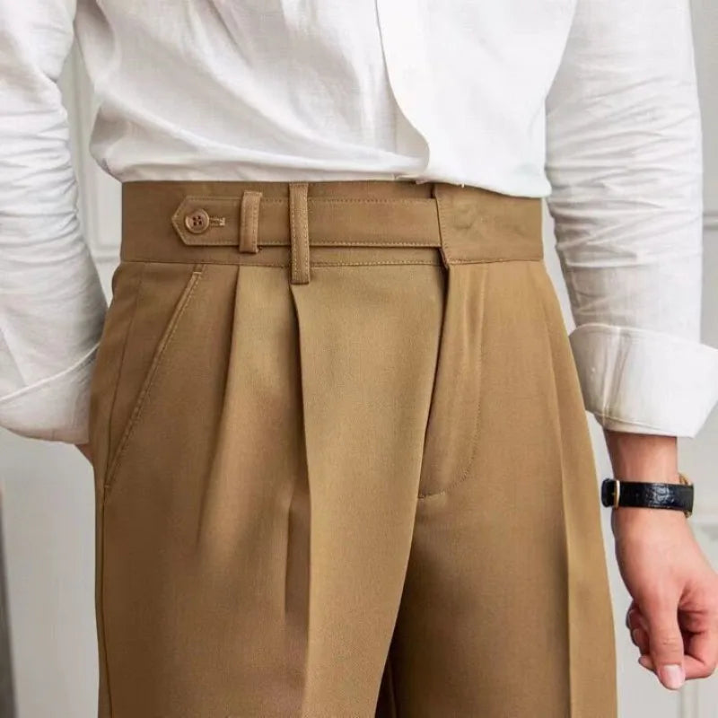 Men's Cropped High-Waist Pleated Trousers. Cotton and polyester blend.
