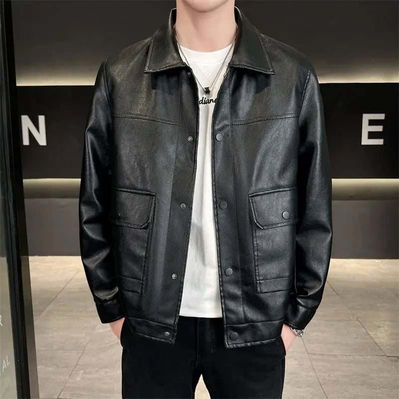 Men's Faux-Leather Snap-Front Utility Jacket. Imitation-leather finish.