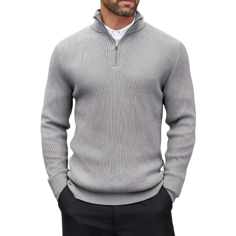 Men's Ribbed Stand-Collar Quarter-Zip Jumper. Ribbed knit texture.