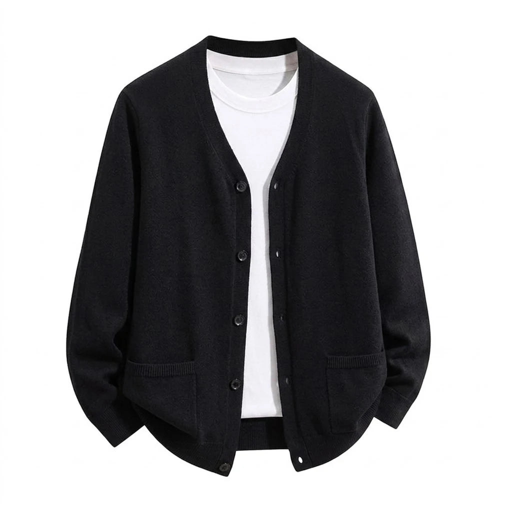 Men's Relaxed V-Neck Pocket Cardigan. V-neckline.