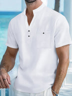 Men's Short-Sleeve Stand-Collar Popover Shirt. Cotton and linen blend.