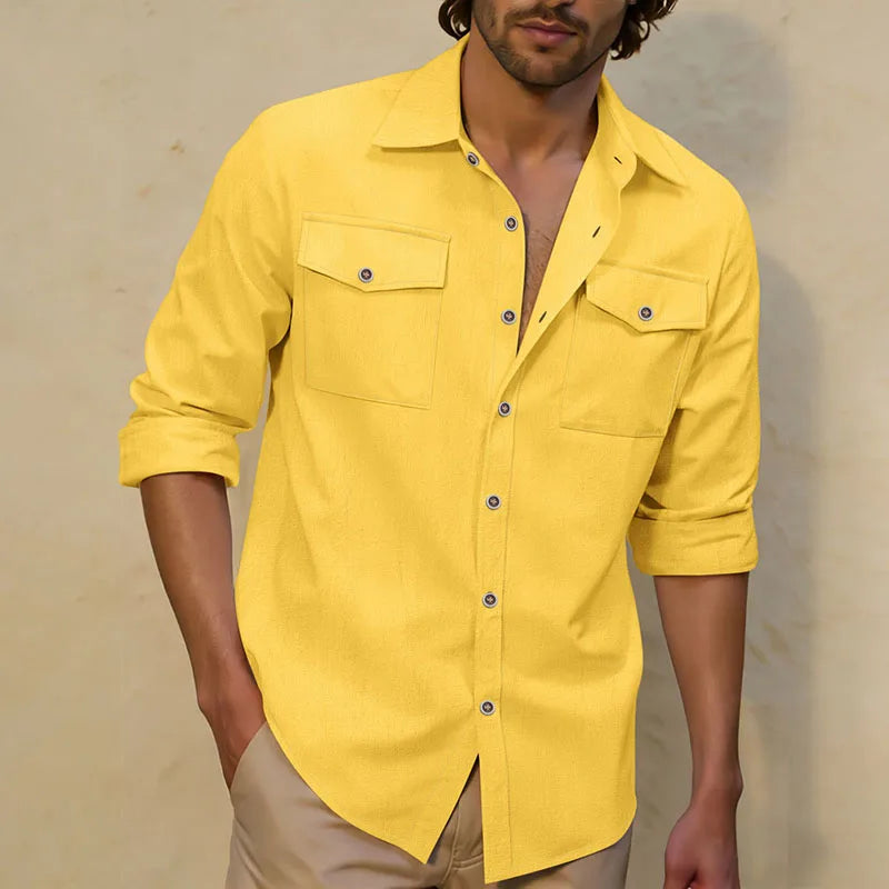 Men's Linen-Blend Twin-Pocket Utility Shirt. Long sleeves and button front.