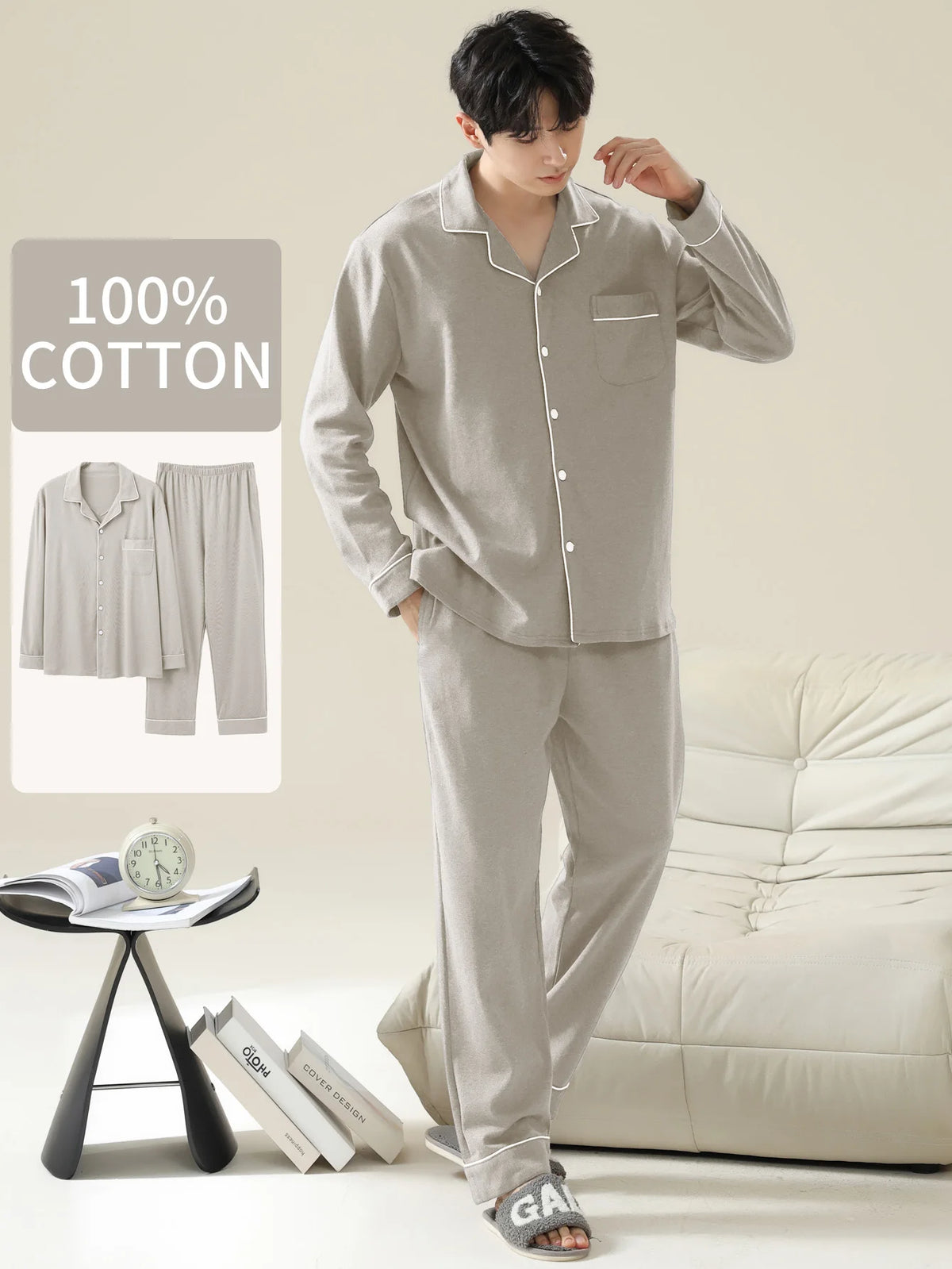 Men's Stone Cotton Long Pyjamas With Piping. Cotton fabric.