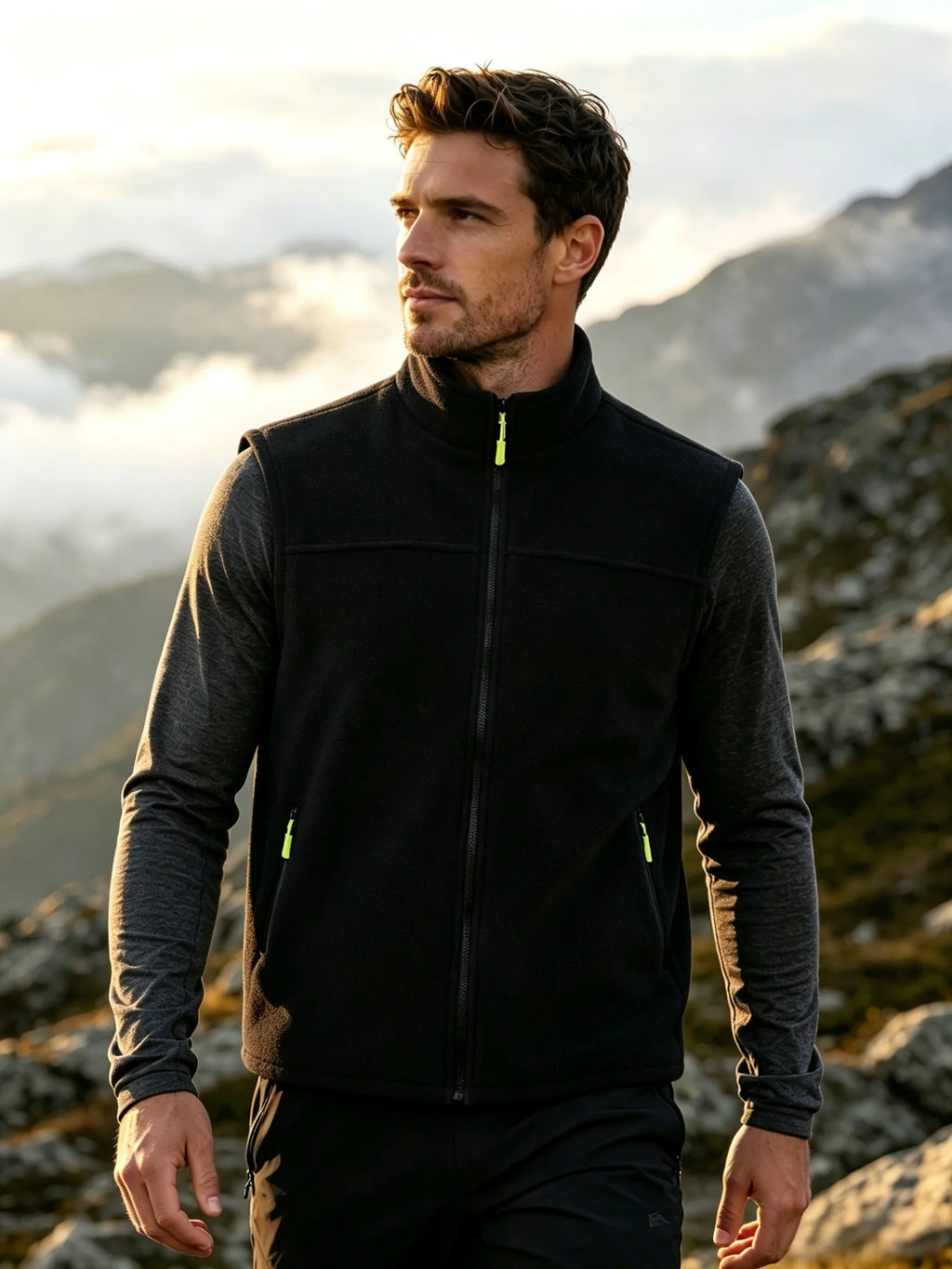 Men's Stand-Collar Zip-Front Fleece Gilet. Fleece texture.