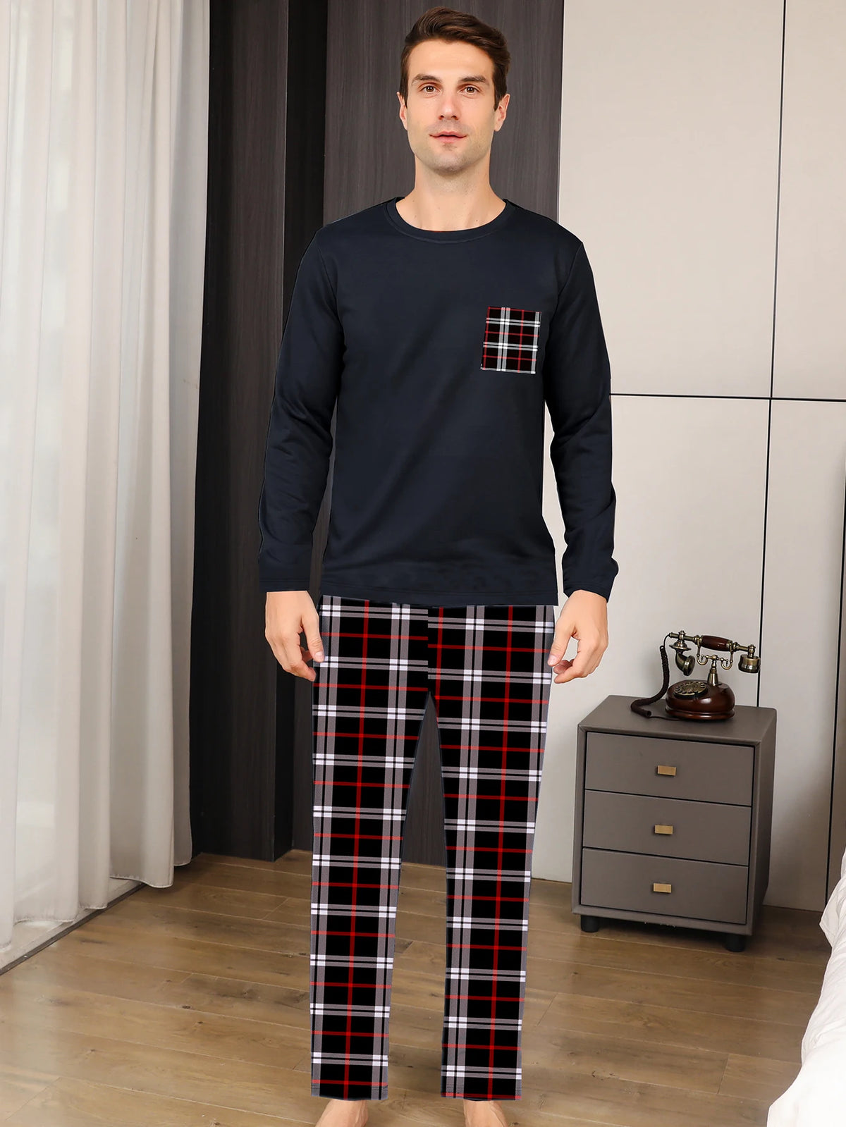 Men's Tartan-Trim Crew-Neck Lounge Set. Plain crew-neck top.