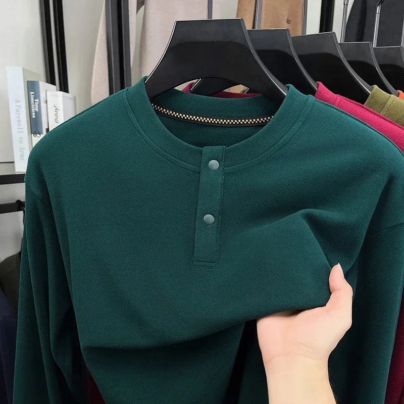 Men's Brushed Long-Sleeve Henley Top. Brushed finish.