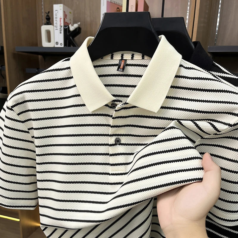 Men's Fine-Stripe Short-Sleeve Polo. Fine horizontal stripes.