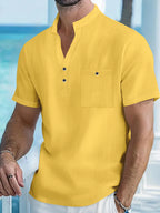 Men's Short-Sleeve Stand-Collar Popover Shirt. Cotton and linen blend.