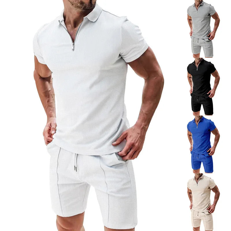 Men's Waffle Zip-Polo & Shorts Set. Matching two-piece set.