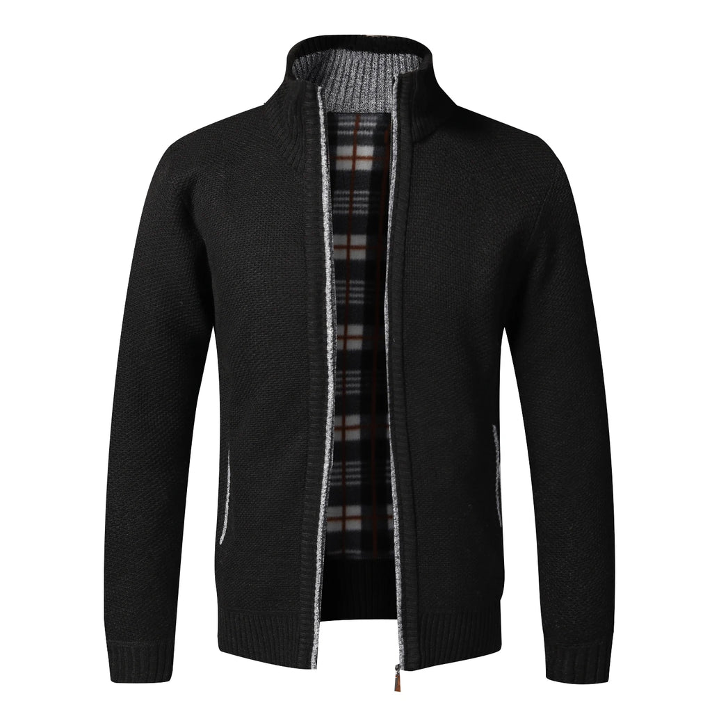 Men's Fleece-Lined Collared Knit Cardigan. Knitted exterior with fleece lining.