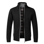 Men's Fleece-Lined Collared Knit Cardigan. Knitted exterior with fleece lining.