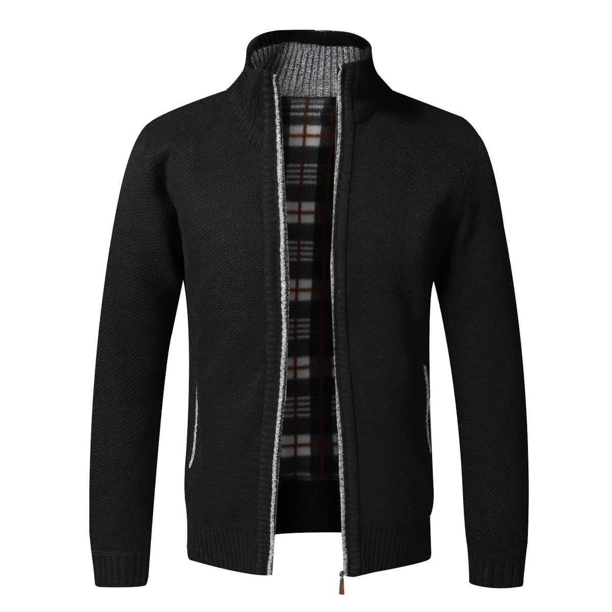 Men's Fleece-Lined Collared Knit Cardigan. Knitted exterior with fleece lining.