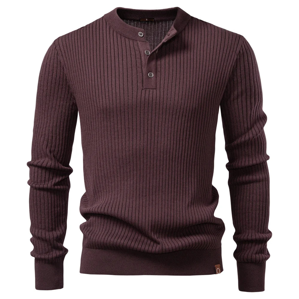Men's Ribbed Three-Button Henley Knit. Henley neckline with three-button placket.