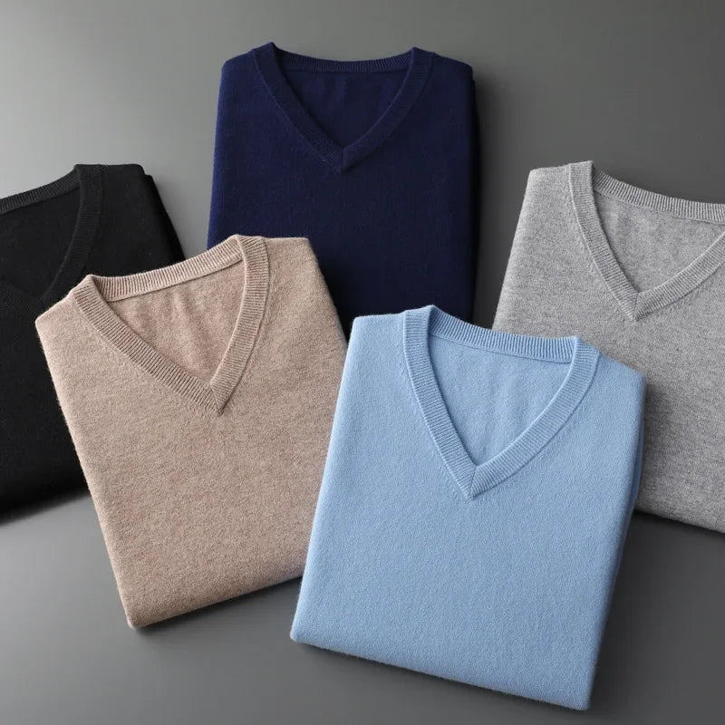 Men's Classic Fine-Knit V-Neck Jumper. V-neckline.