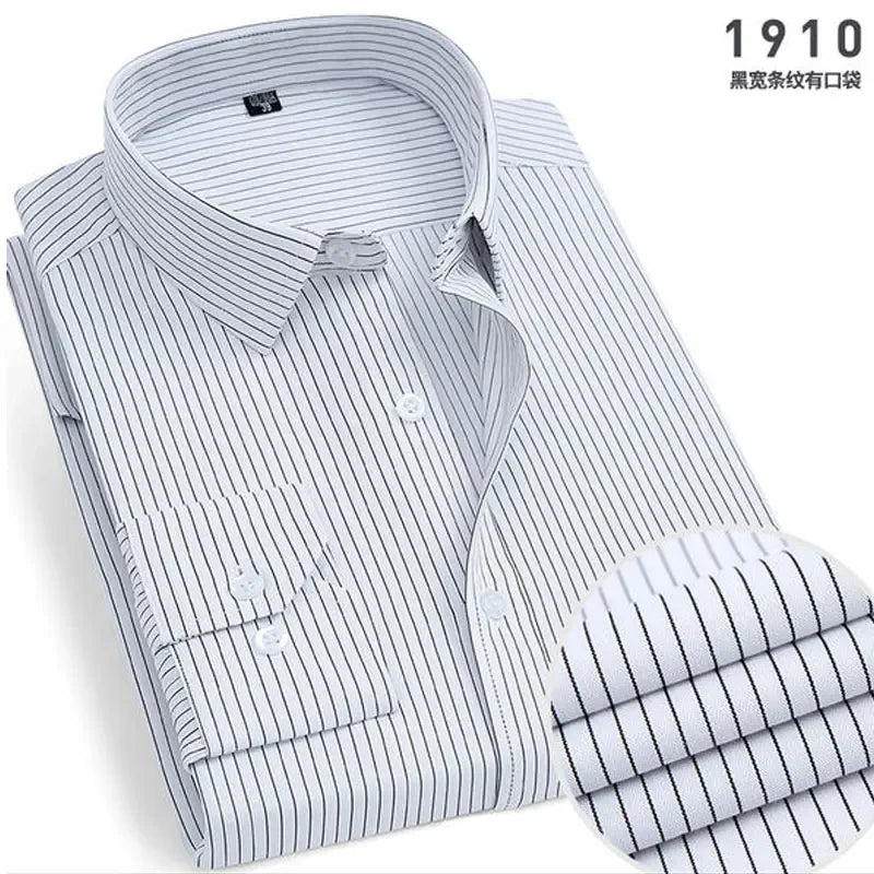 Men's Classic Stripe & Plain Pocket Shirt. Cotton-polyester blend.