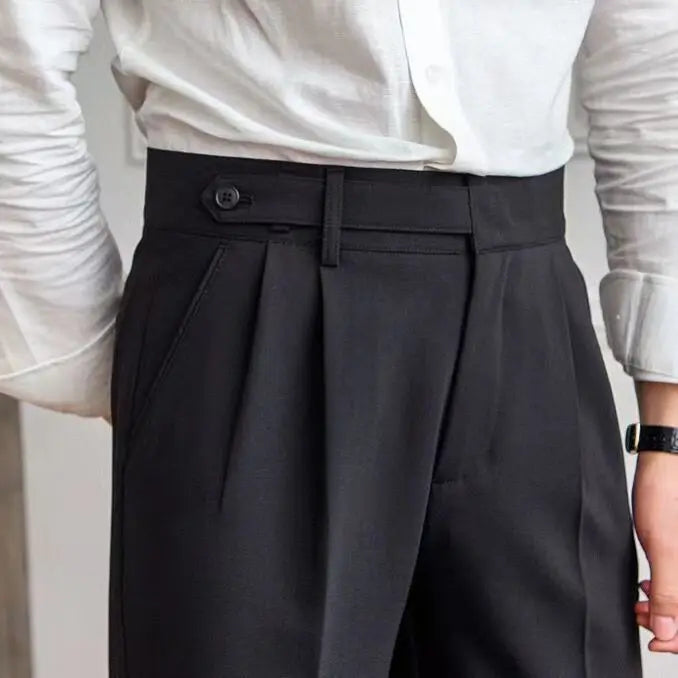 Men's Cropped High-Waist Pleated Trousers. Cotton and polyester blend.
