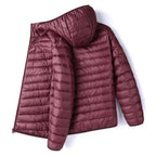 Men's Lightweight Narrow-Quilted Hooded Puffer. Narrow horizontal quilting.