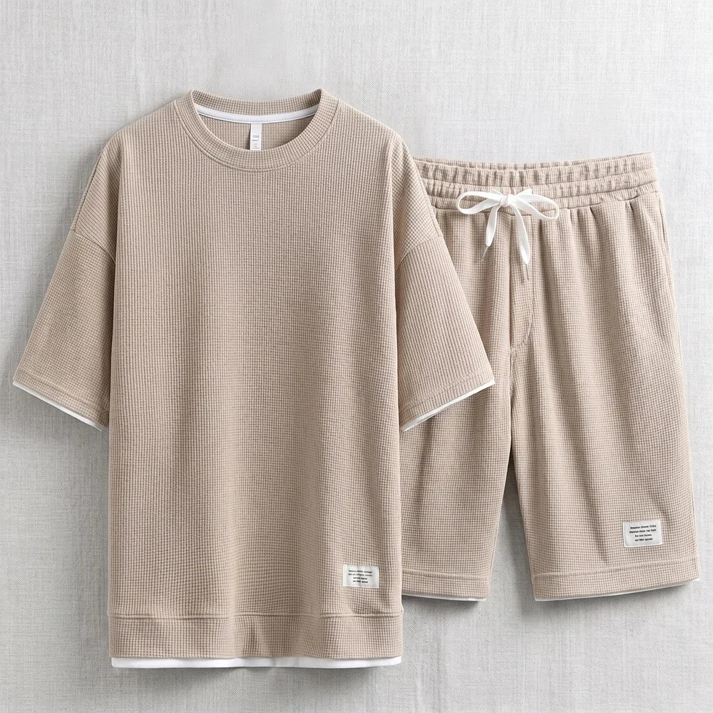 Men's Waffle T-Shirt & Lounge Shorts Set. Matching tee and shorts.