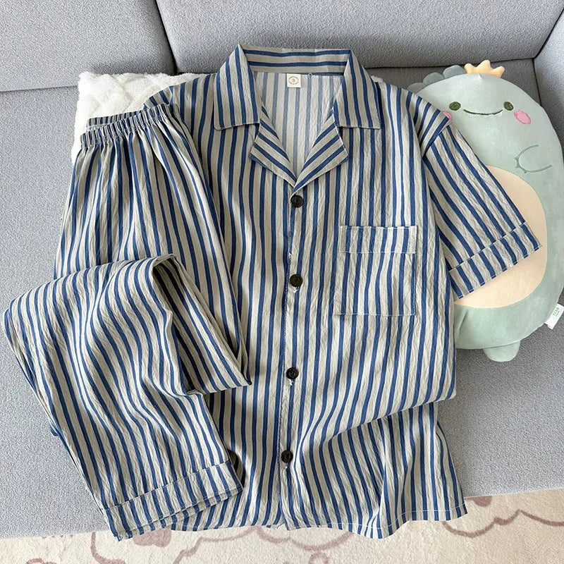 Men's Short-Sleeve Pyjama Shirt & Trouser Set. Short-sleeve button-front shirt.