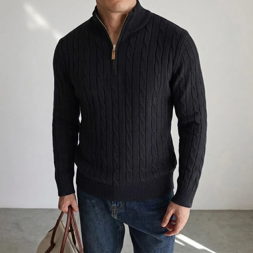 Men's Cable-Knit Quarter-Zip Jumper. Cable-knit texture.