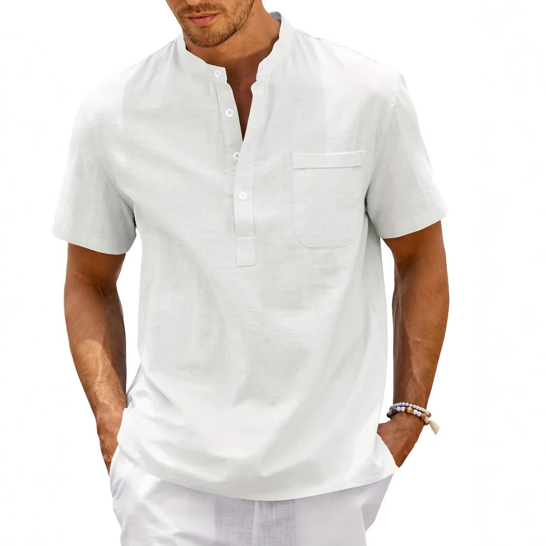 Men's Linen-Look Stand-Collar Pocket Top. Short stand collar.