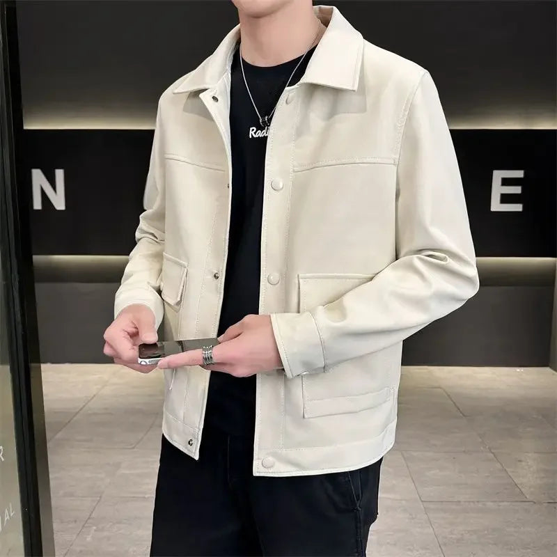 Men's Faux-Leather Snap-Front Utility Jacket. Imitation-leather finish.