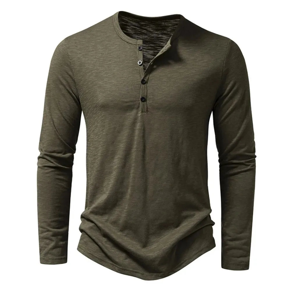 Men's Cotton Long-Sleeve Button Henley. Cotton fabric.