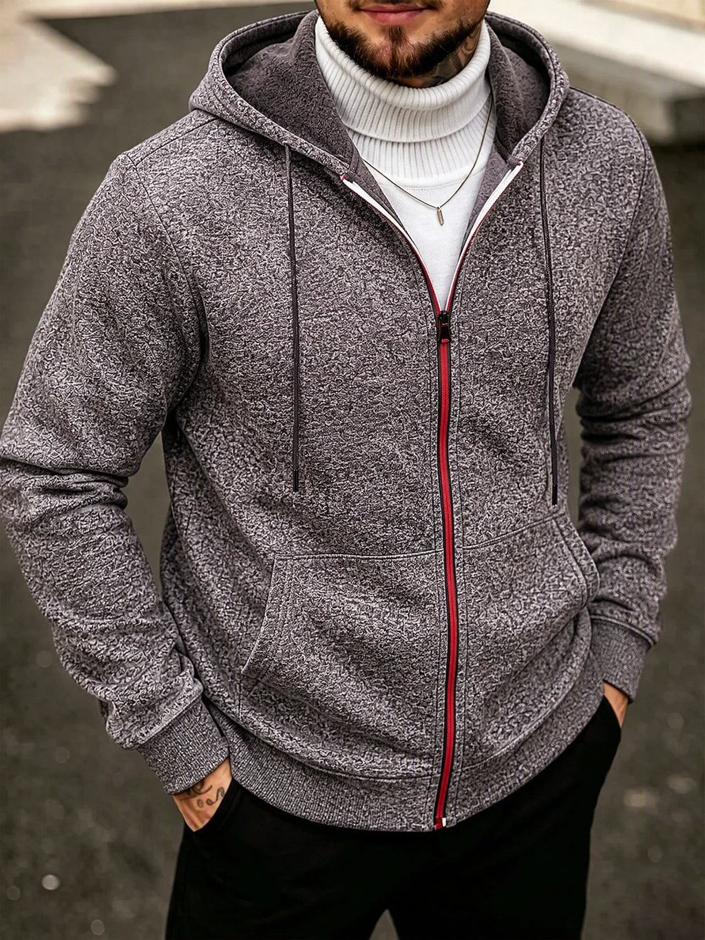 Men's Marl Fleece-Lined Zip Hoodie. Heather marl knit exterior.