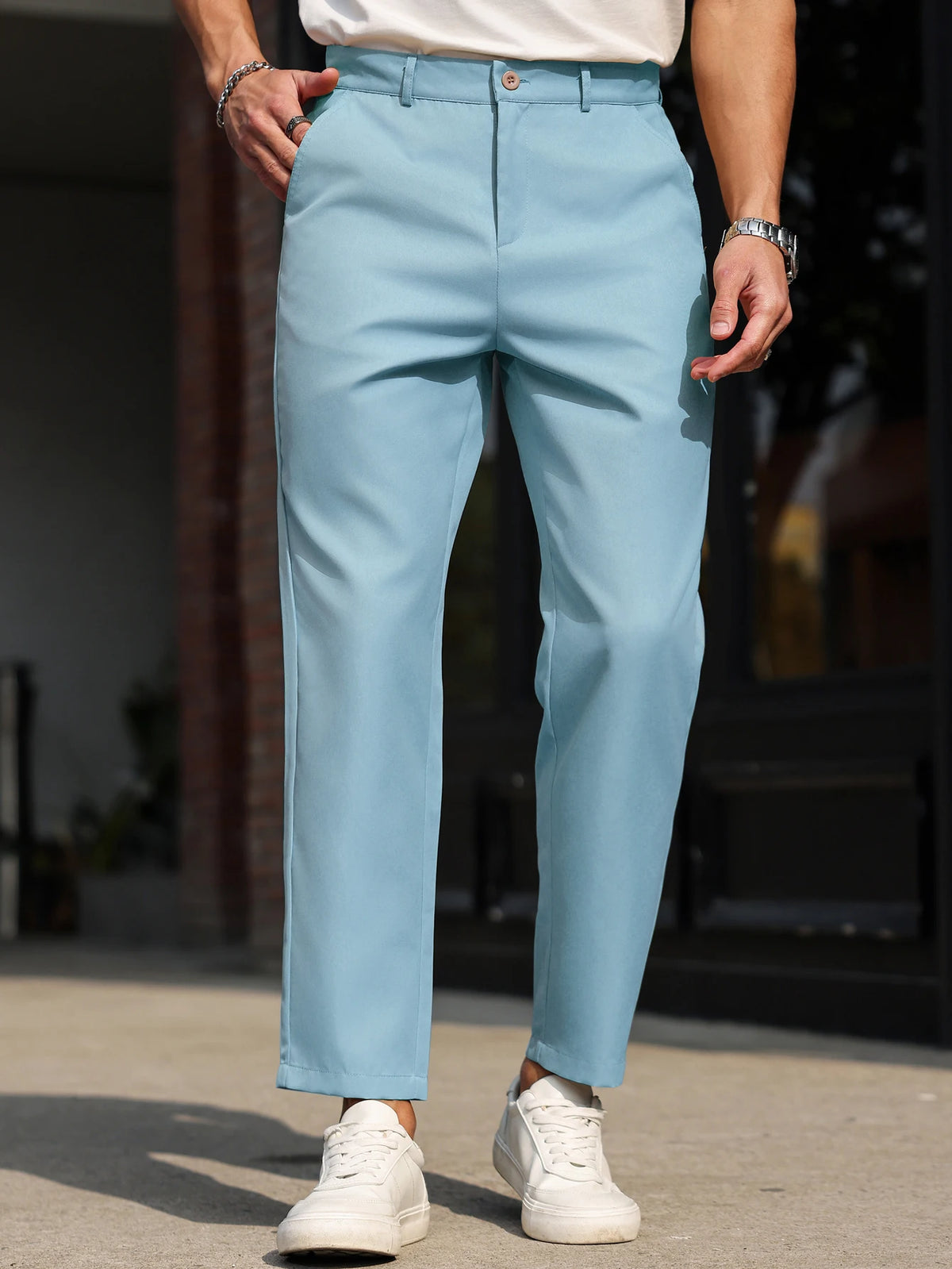 Men's Slim Ankle-Length Dress Trousers. Polyester fabric.