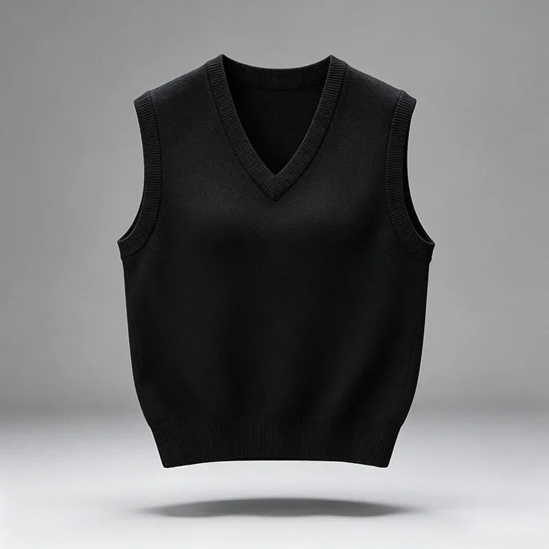 Men's Rib-Trim V-Neck Knit Vest. Sleeveless pullover design.