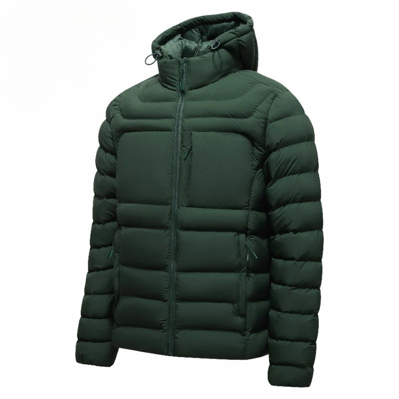 Men's Horizontal-Quilted Hooded Puffer Jacket. Hooded shape.