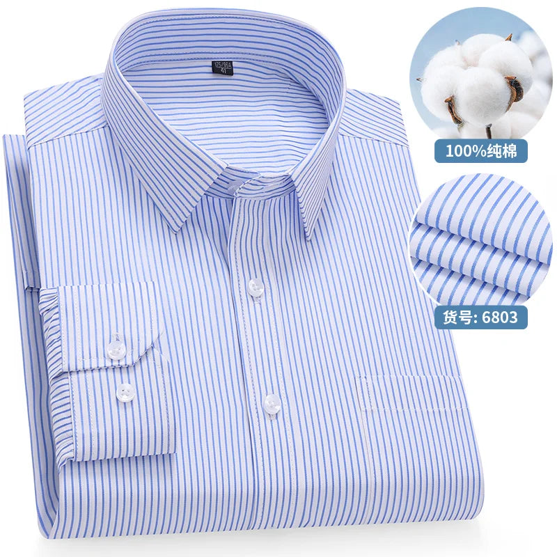 Men's Cotton Long-Sleeve Stripe Pocket Shirt. 100% cotton.