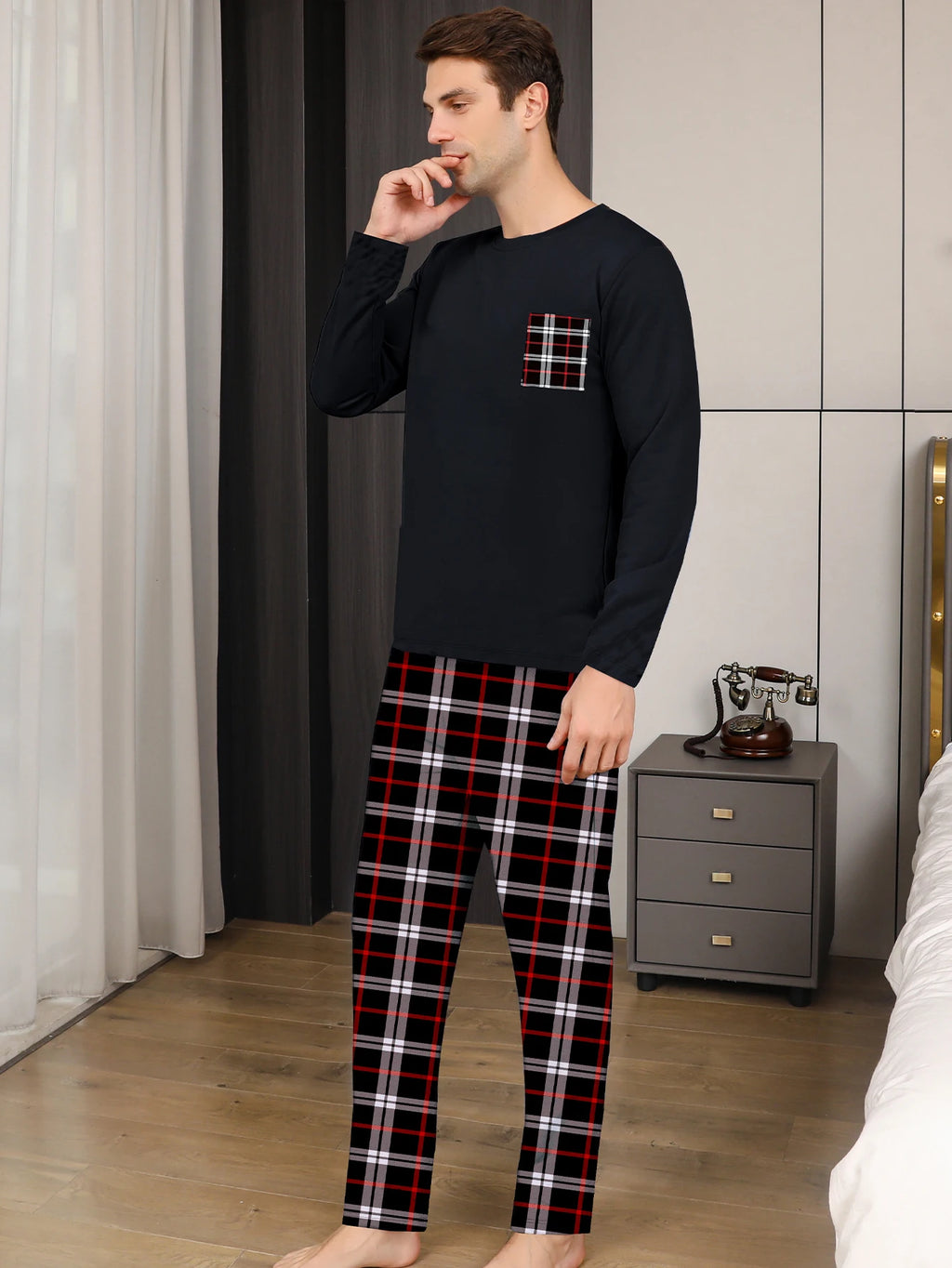 Men's Tartan-Trim Crew-Neck Lounge Set. Plain crew-neck top.
