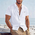 Men's Linen-Blend Short-Sleeve Pocket Shirt. Pointed collar and button front.