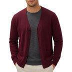 Men's Relaxed V-Neck Pocket Cardigan. V-neckline.