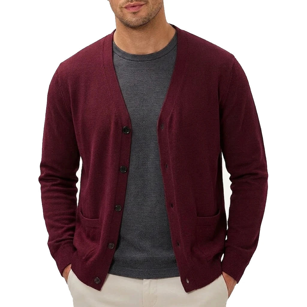 Men's Relaxed V-Neck Pocket Cardigan. V-neckline.