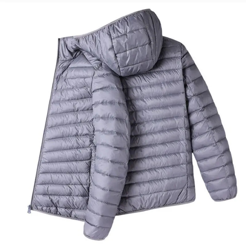 Men's Lightweight Narrow-Quilted Hooded Puffer. Narrow horizontal quilting.