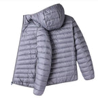 Men's Lightweight Narrow-Quilted Hooded Puffer. Narrow horizontal quilting.