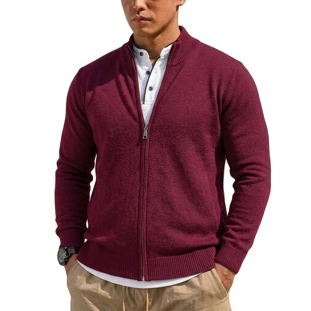Men's Stand-Collar Zip-Through Cardigan. Full-length zip fastening.