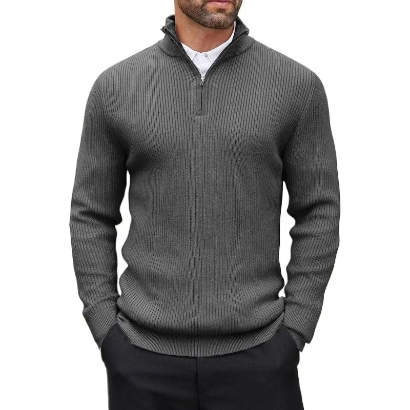 Men's Ribbed Stand-Collar Quarter-Zip Jumper. Ribbed knit texture.