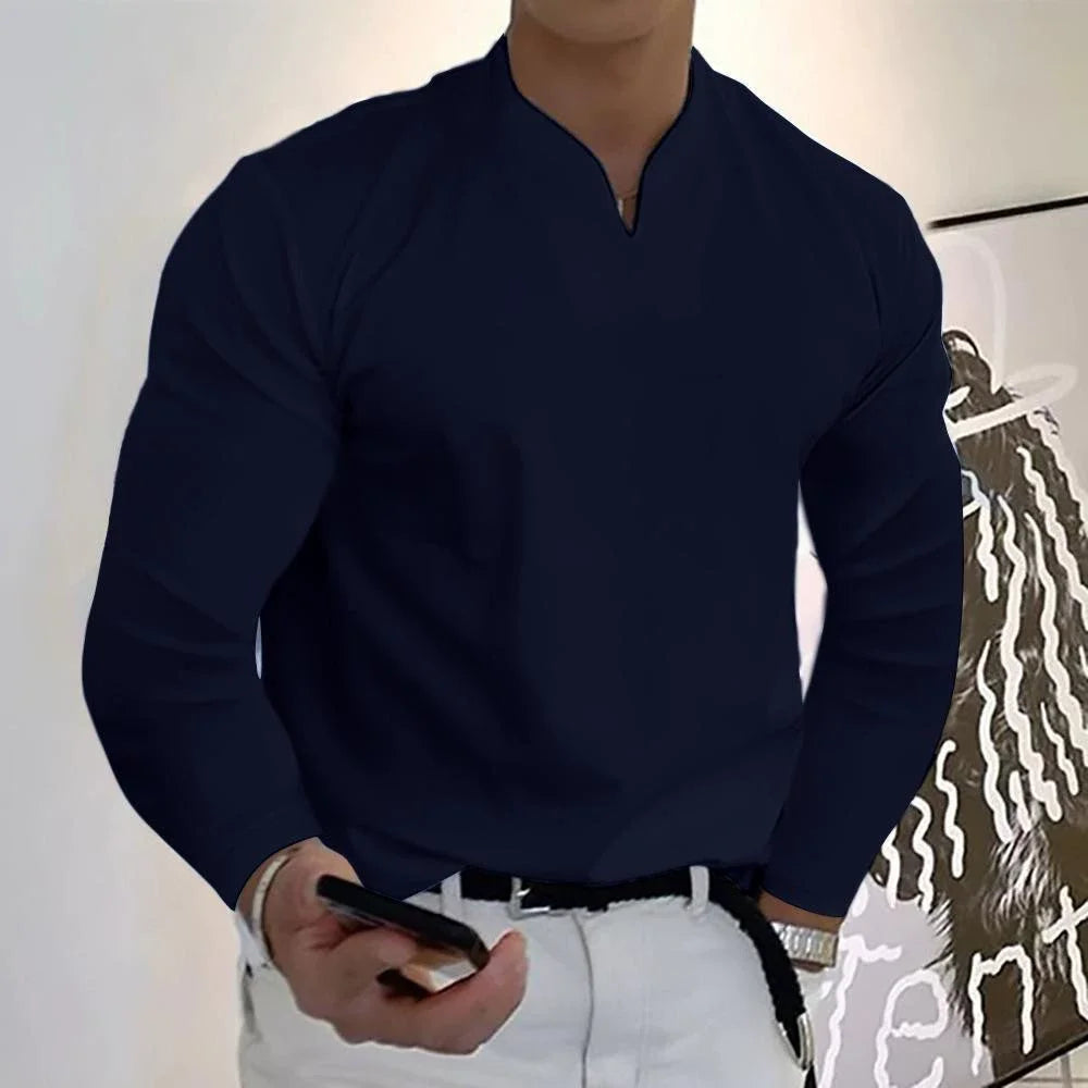 Men's Notch-Neck Long-Sleeve Top. Notched V neckline.