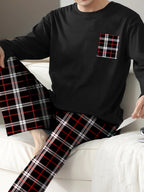 Men's Tartan-Trim Crew-Neck Lounge Set. Plain crew-neck top.