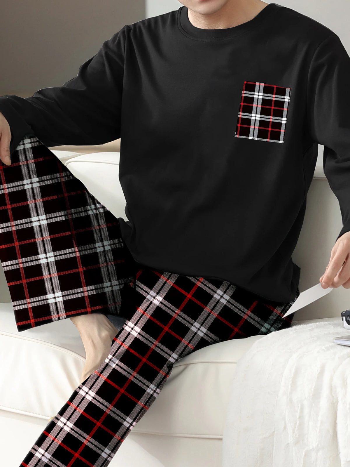 Men's Tartan-Trim Crew-Neck Lounge Set. Plain crew-neck top.