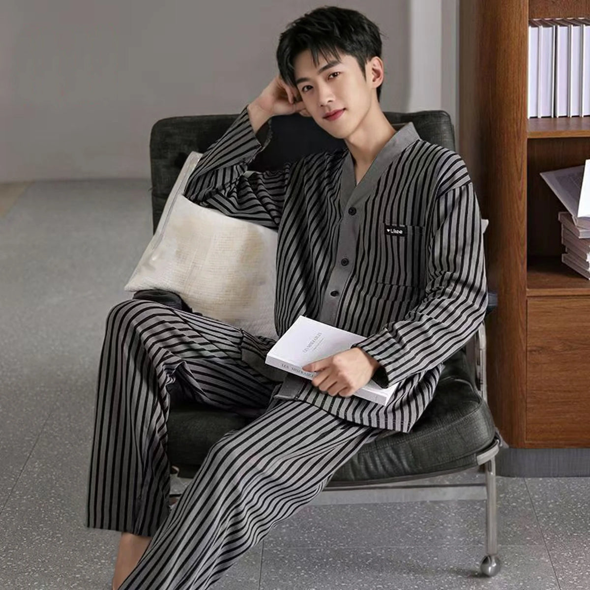Men's Piped Long-Sleeve Lounge Pyjamas. Polyester fabric.