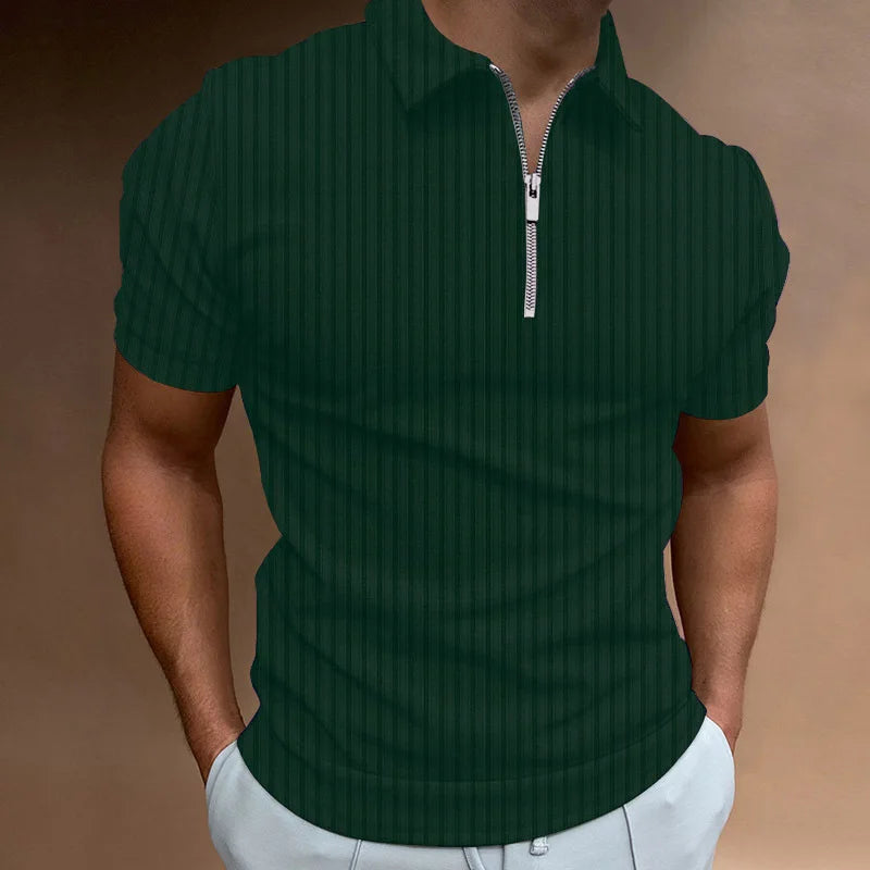 Men's Ribbed Short-Sleeve Zip-Neck Polo. Vertical rib texture.