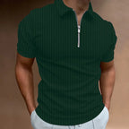 Men's Ribbed Short-Sleeve Zip-Neck Polo. Vertical rib texture.
